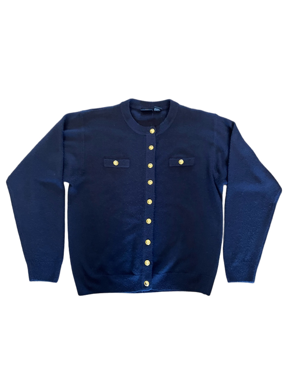 Vintage Jenny Buchanan Navy Knit Cardigan Sweater - Gold Buttons - Large